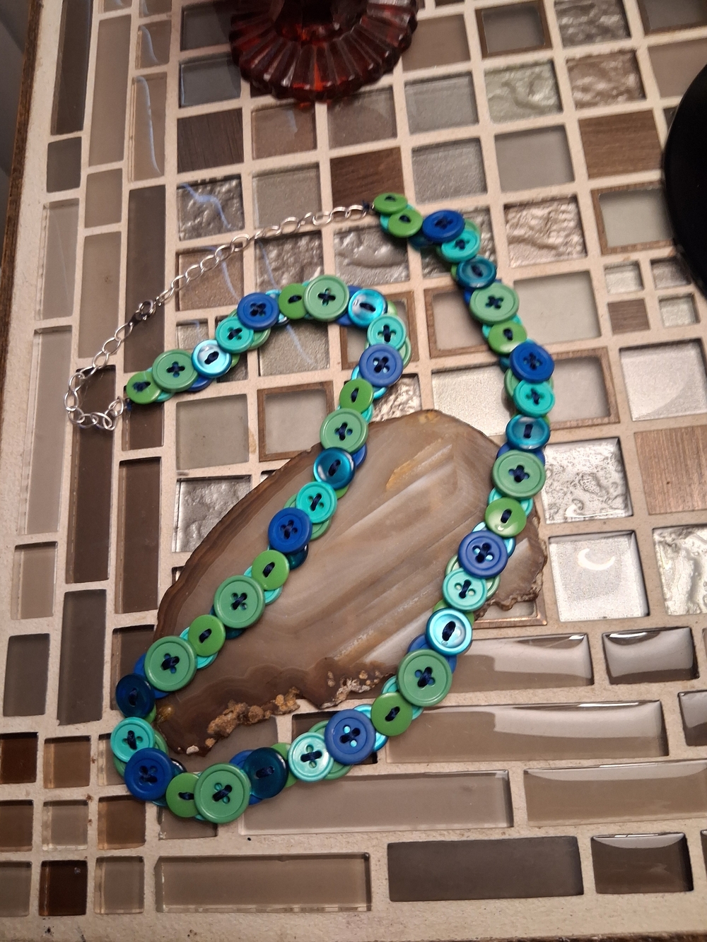 Vintage Blue and Green Button-Link Necklace